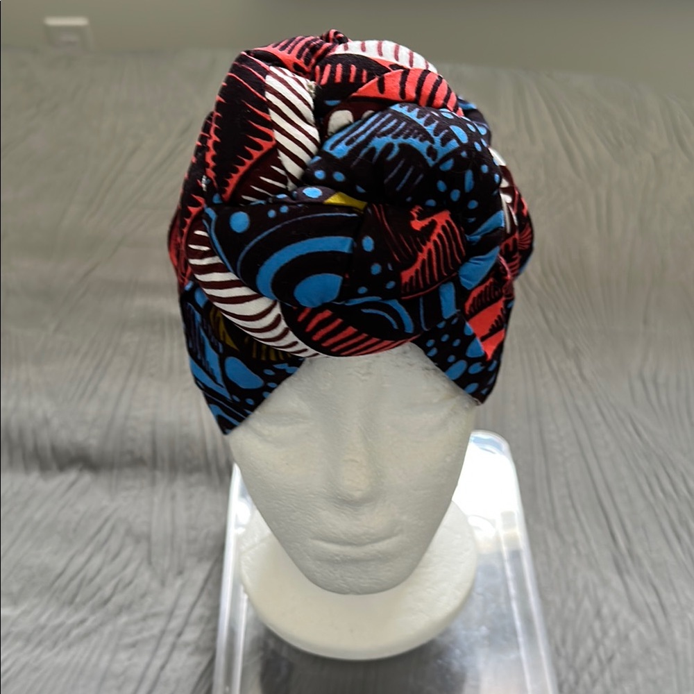 Red and Blue Patterned Turban with Front Knot